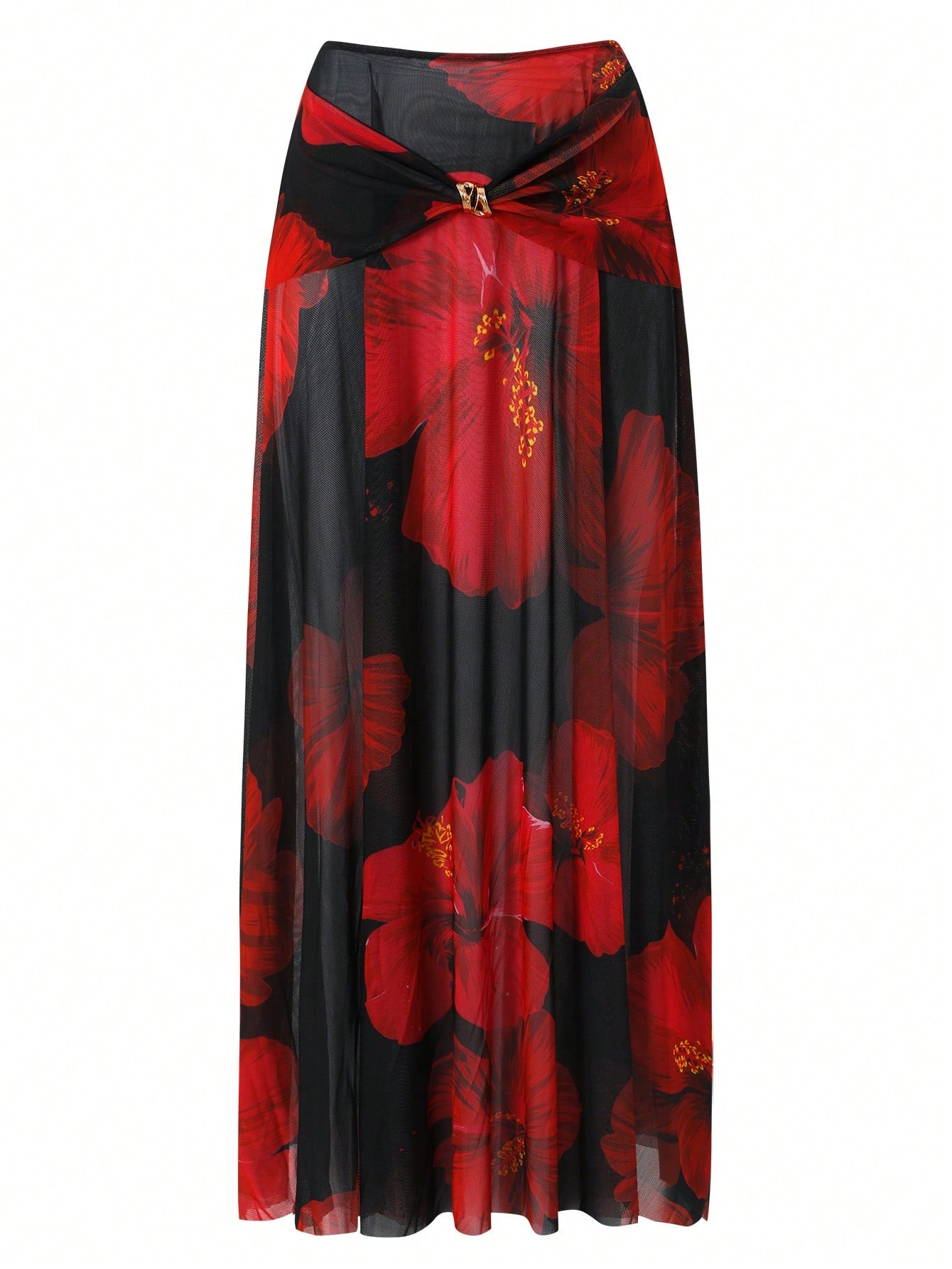 Swim Oasis 2026 New Plus Size Black,Summer,Boho,Beach,Holiday Swimsuit Set,Red Printed Halter V-Neck Strap With Metal Decor,Mesh Overlay Skirt Set