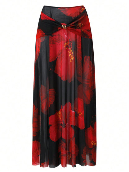 Swim Oasis 2026 New Plus Size Black,Summer,Boho,Beach,Holiday Swimsuit Set,Red Printed Halter V-Neck Strap With Metal Decor,Mesh Overlay Skirt Set