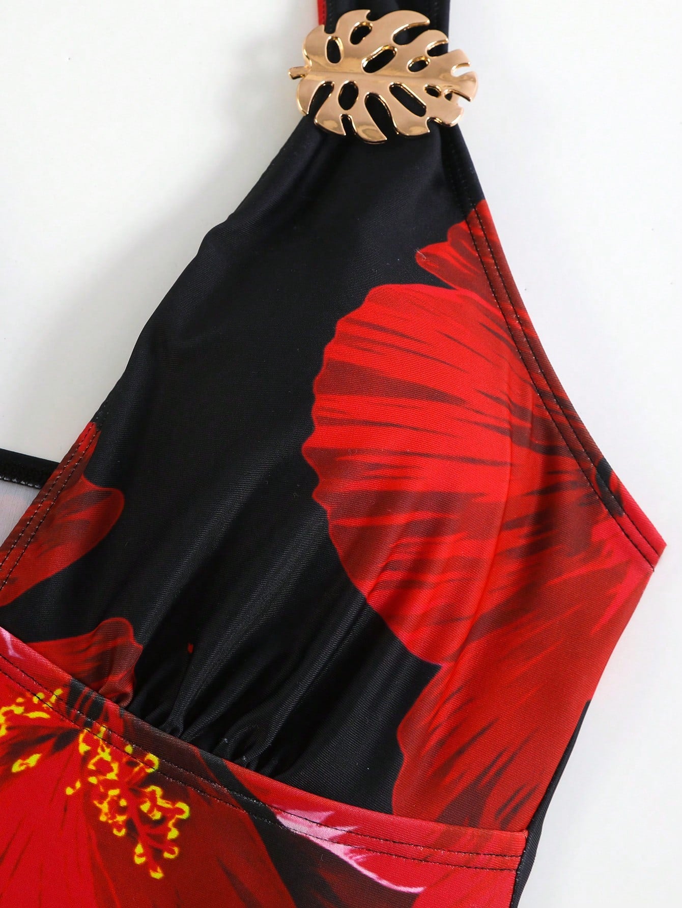 Swim Oasis 2026 New Plus Size Black,Summer,Boho,Beach,Holiday Swimsuit Set,Red Printed Halter V-Neck Strap With Metal Decor,Mesh Overlay Skirt Set