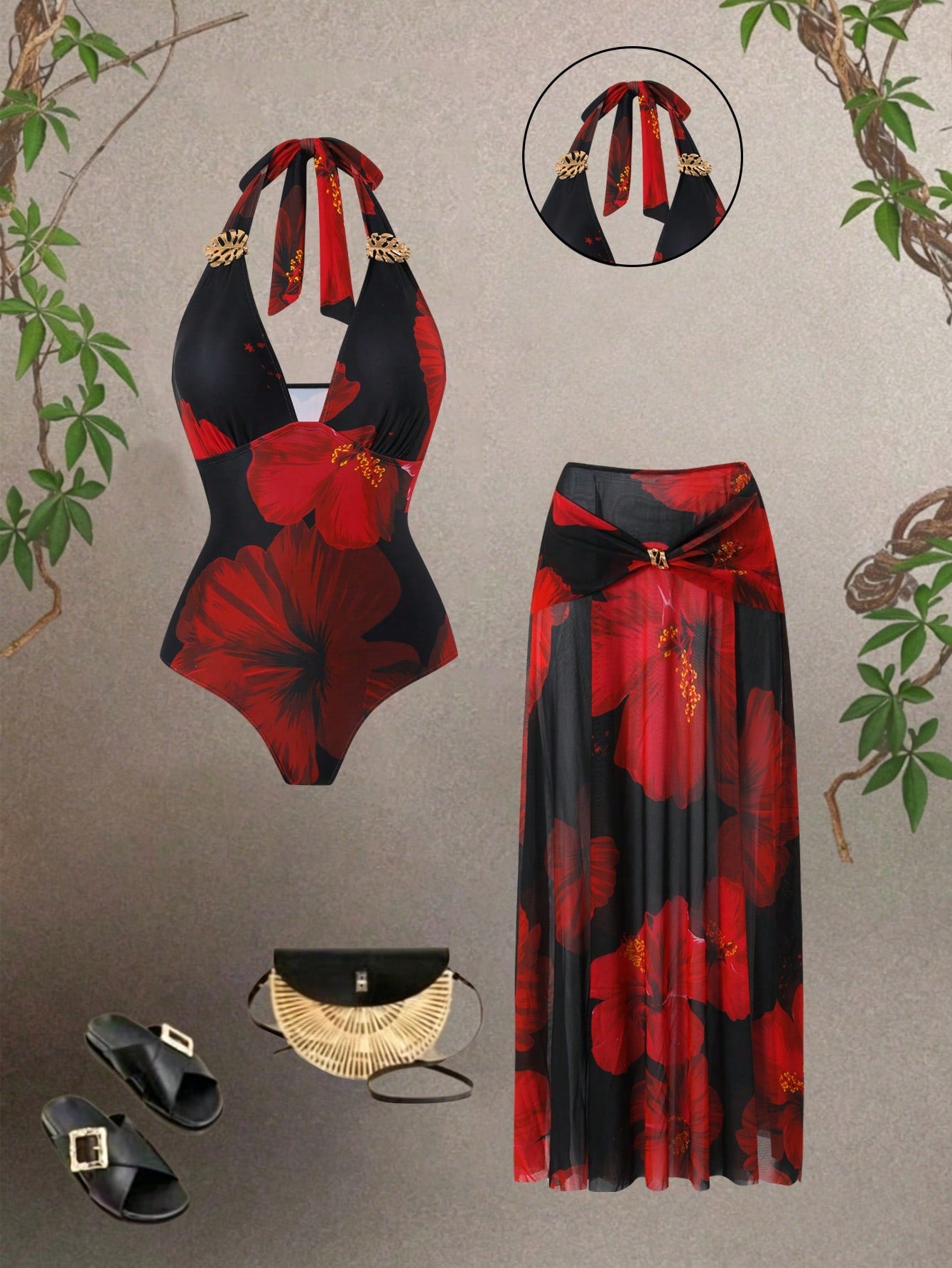 Swim Oasis 2026 New Plus Size Black,Summer,Boho,Beach,Holiday Swimsuit Set,Red Printed Halter V-Neck Strap With Metal Decor,Mesh Overlay Skirt Set