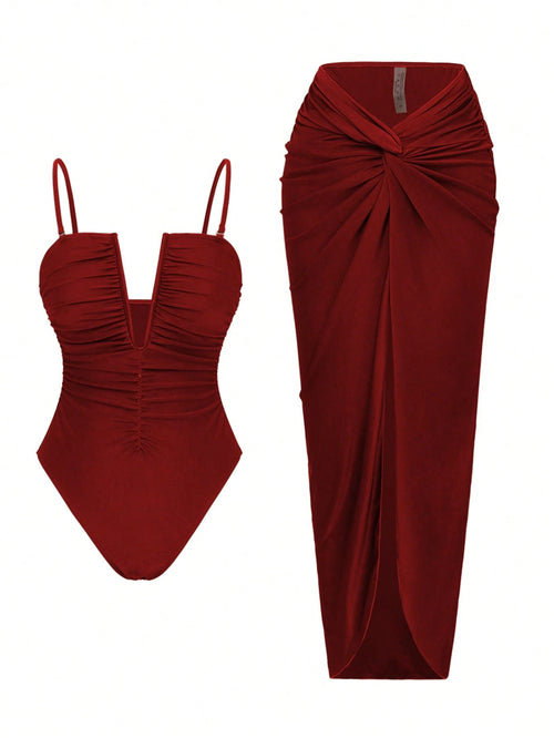 Swim Oasis 2pcs/Set Sexy Solid Color V-Neck Ruched Spaghetti Strap Bandeau One-Piece Swimsuit & Front Twist Slit Beach Dress Set