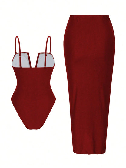 Swim Oasis 2pcs/Set Sexy Solid Color V-Neck Ruched Spaghetti Strap Bandeau One-Piece Swimsuit & Front Twist Slit Beach Dress Set