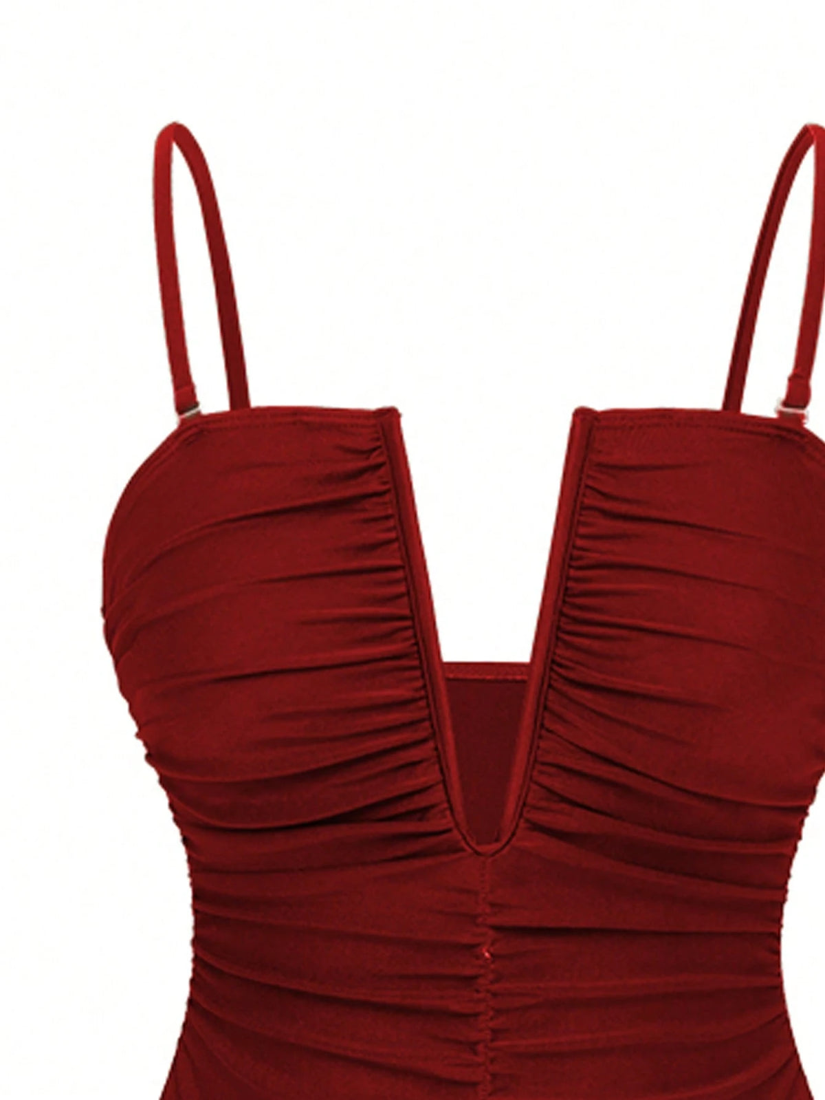 Swim Oasis 2pcs/Set Sexy Solid Color V-Neck Ruched Spaghetti Strap Bandeau One-Piece Swimsuit & Front Twist Slit Beach Dress Set