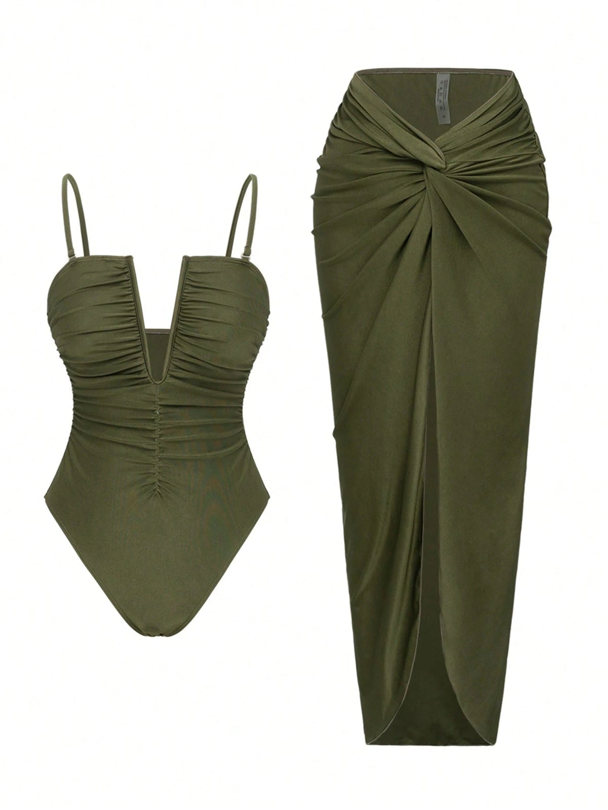 Swim Oasis 2pcs/Set Sexy Solid Color V-Neck Ruched Spaghetti Strap Bandeau One-Piece Swimsuit & Front Twist Slit Beach Dress Set