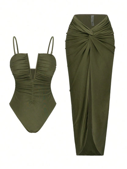 Swim Oasis 2pcs/Set Sexy Solid Color V-Neck Ruched Spaghetti Strap Bandeau One-Piece Swimsuit & Front Twist Slit Beach Dress Set