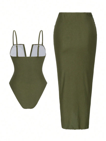 Swim Oasis 2pcs/Set Sexy Solid Color V-Neck Ruched Spaghetti Strap Bandeau One-Piece Swimsuit & Front Twist Slit Beach Dress Set