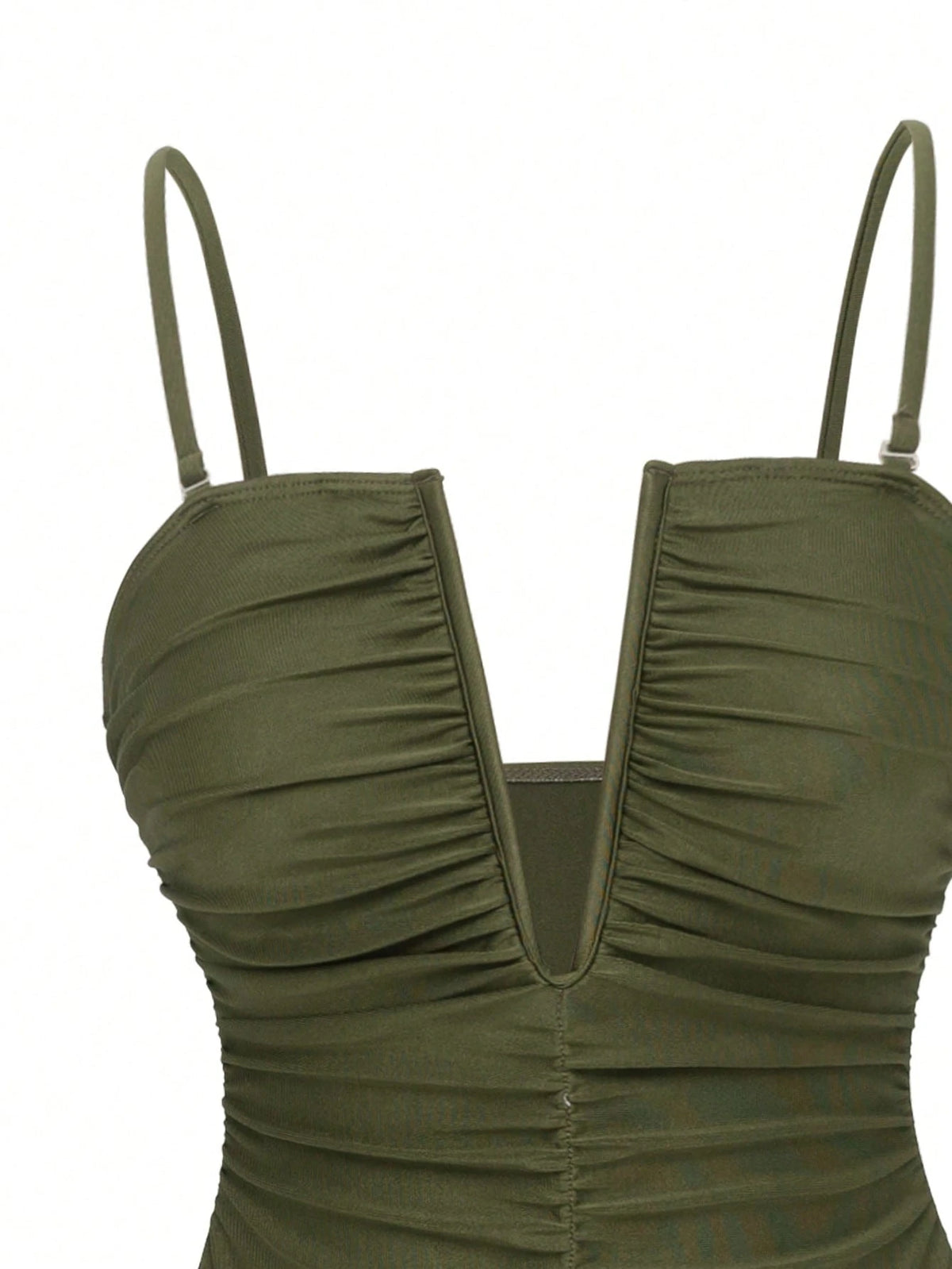 Swim Oasis 2pcs/Set Sexy Solid Color V-Neck Ruched Spaghetti Strap Bandeau One-Piece Swimsuit & Front Twist Slit Beach Dress Set