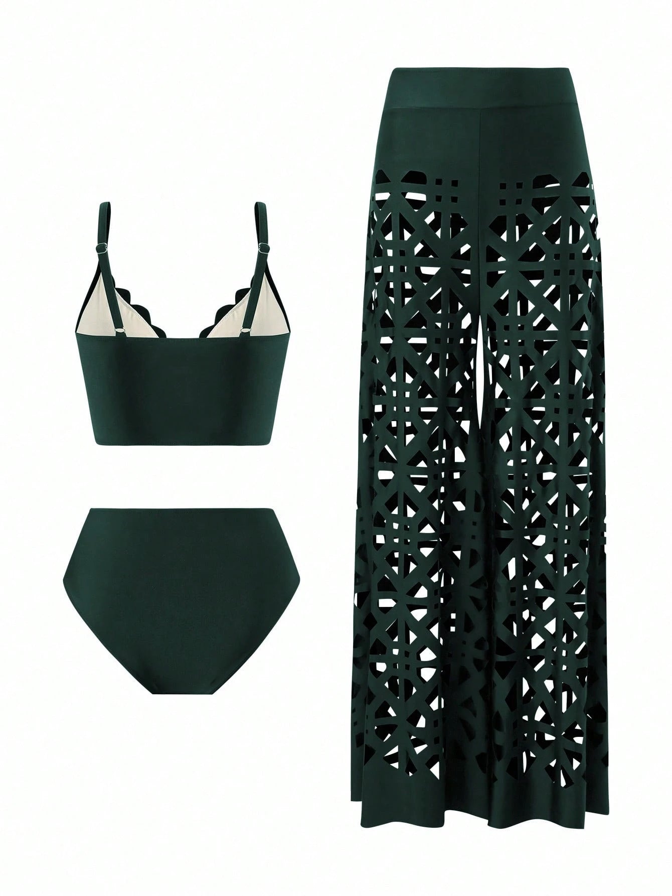 Swim Oasis 3pcs Women's Summer New Solid Color Tankini Top, High Waist Swimwear Bottom, Hollow Out Long Beach Dress, High-End Fashion Resort Bikini Set