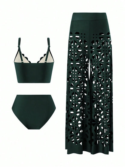 Swim Oasis 3pcs Women's Summer New Solid Color Tankini Top, High Waist Swimwear Bottom, Hollow Out Long Beach Dress, High-End Fashion Resort Bikini Set