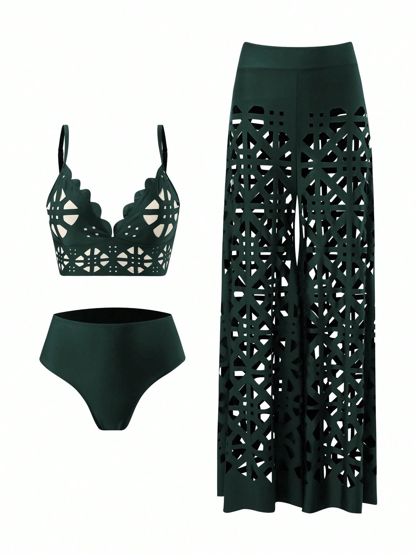 Swim Oasis 3pcs Women's Summer New Solid Color Tankini Top, High Waist Swimwear Bottom, Hollow Out Long Beach Dress, High-End Fashion Resort Bikini Set