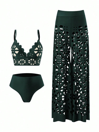 Swim Oasis 3pcs Women's Summer New Solid Color Tankini Top, High Waist Swimwear Bottom, Hollow Out Long Beach Dress, High-End Fashion Resort Bikini Set