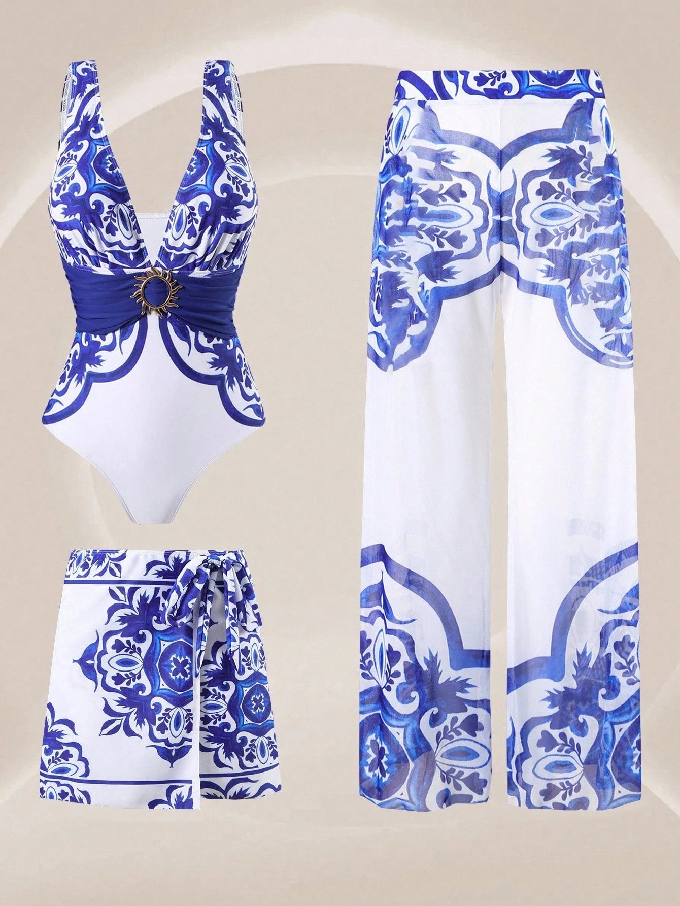 Swim Oasis 3Piece Plus Size Simple One-Piece Swimsuit Set With 3 Pcs, For Women Summer Vacation Beach Wear
