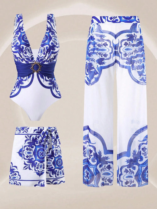 Swim Oasis 3Piece Plus Size Simple One-Piece Swimsuit Set With 3 Pcs, For Women Summer Vacation Beach Wear