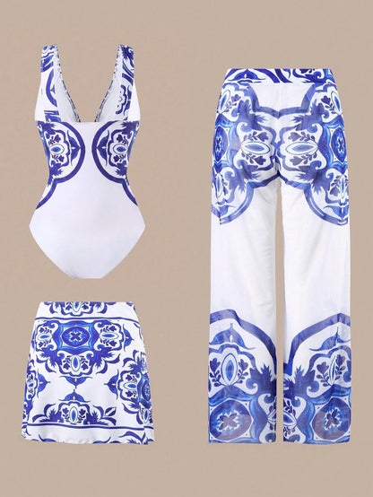 Swim Oasis 3Piece Plus Size Simple One-Piece Swimsuit Set With 3 Pcs, For Women Summer Vacation Beach Wear