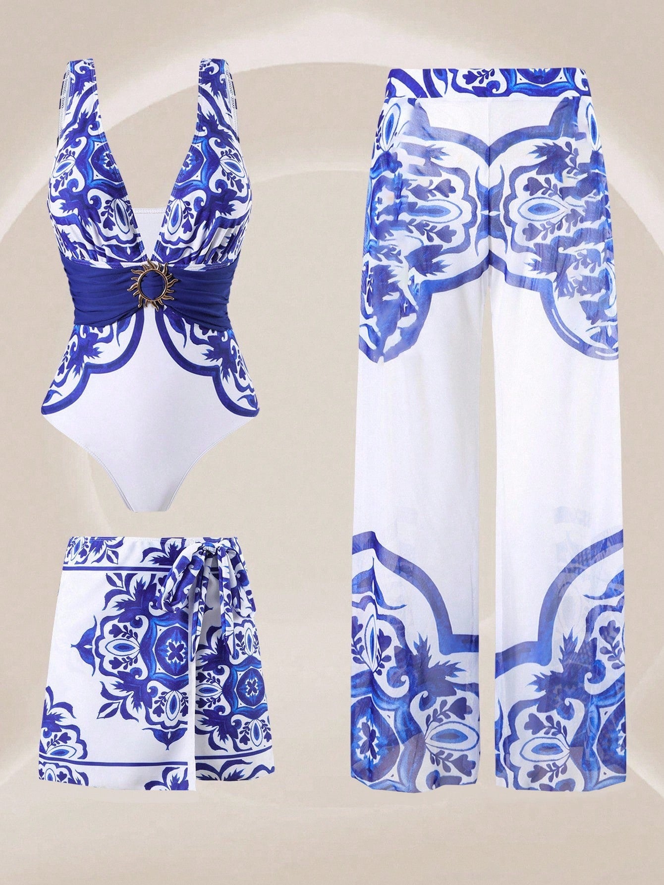 Swim Oasis 3Piece Plus Size Simple One-Piece Swimsuit Set With 3 Pcs, For Women Summer Vacation Beach Wear