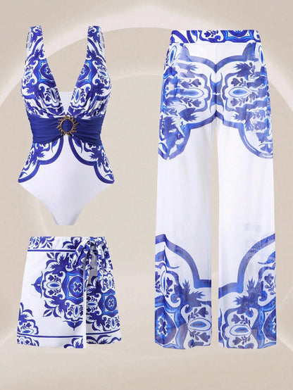 Swim Oasis 3Piece Plus Size Simple One-Piece Swimsuit Set With 3 Pcs, For Women Summer Vacation Beach Wear