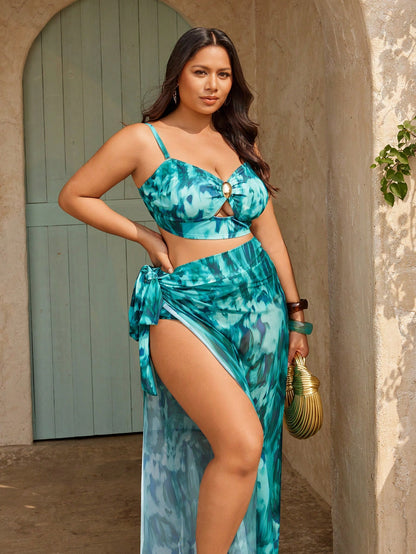 Swim Oasis High-End Beach Vacation! Tie Dye Green Bikini 3 Pieces Set With Skirt, Flattering And Whitening
