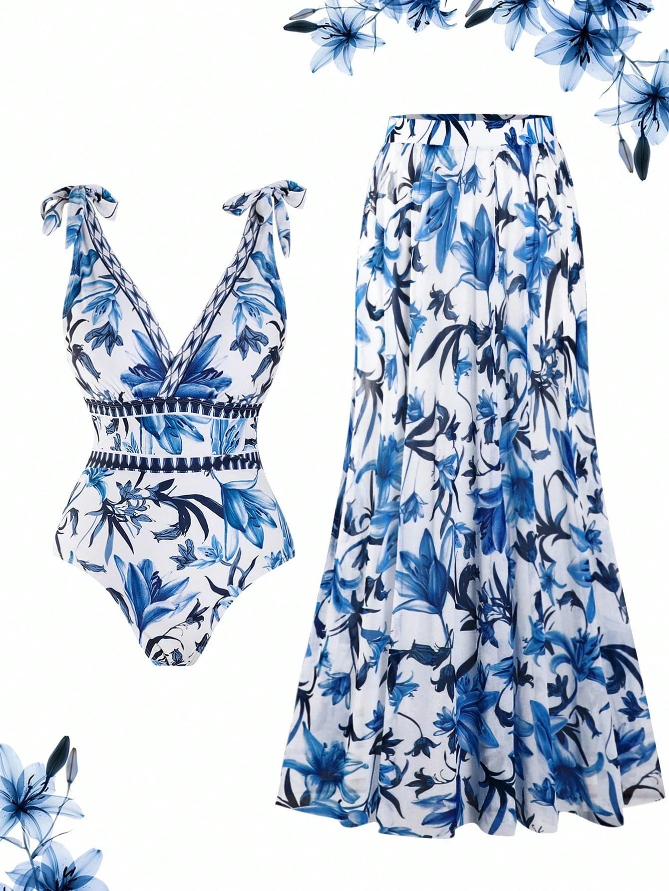 Swim Oasis Plus Size Women 2 Pieces High-End Set:V-Neck One-Piece Swimsuit & Maxi Skirt,Blue Floral Print,Boho Holiday,White Summer Beach Bachelorette Party
