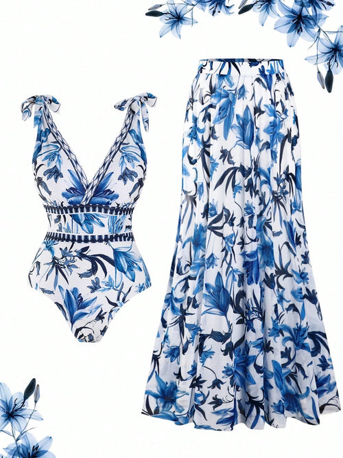 Swim Oasis Plus Size Women 2 Pieces High-End Set:V-Neck One-Piece Swimsuit & Maxi Skirt,Blue Floral Print,Boho Holiday,White Summer Beach Bachelorette Party
