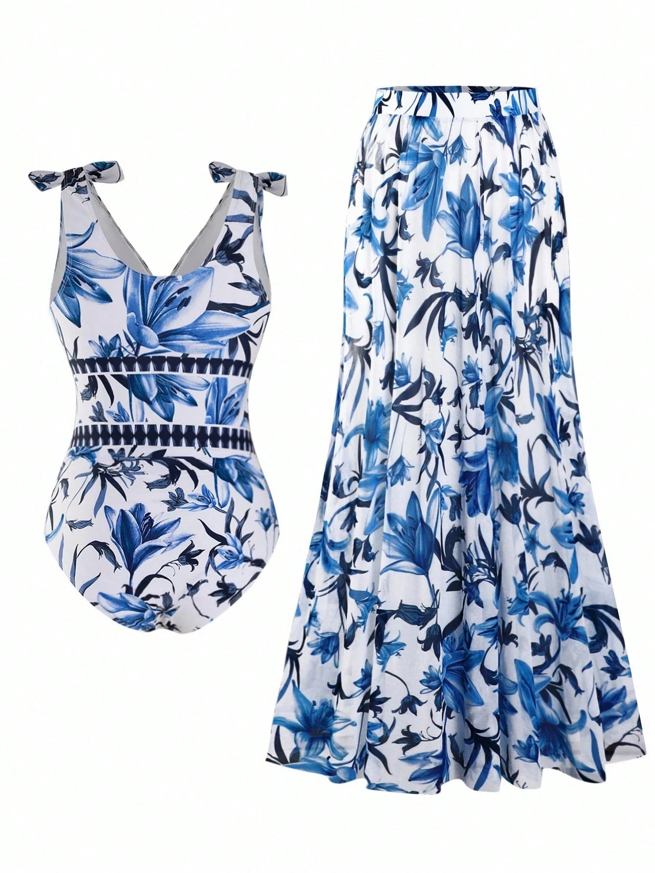Swim Oasis Plus Size Women 2 Pieces High-End Set:V-Neck One-Piece Swimsuit & Maxi Skirt,Blue Floral Print,Boho Holiday,White Summer Beach Bachelorette Party