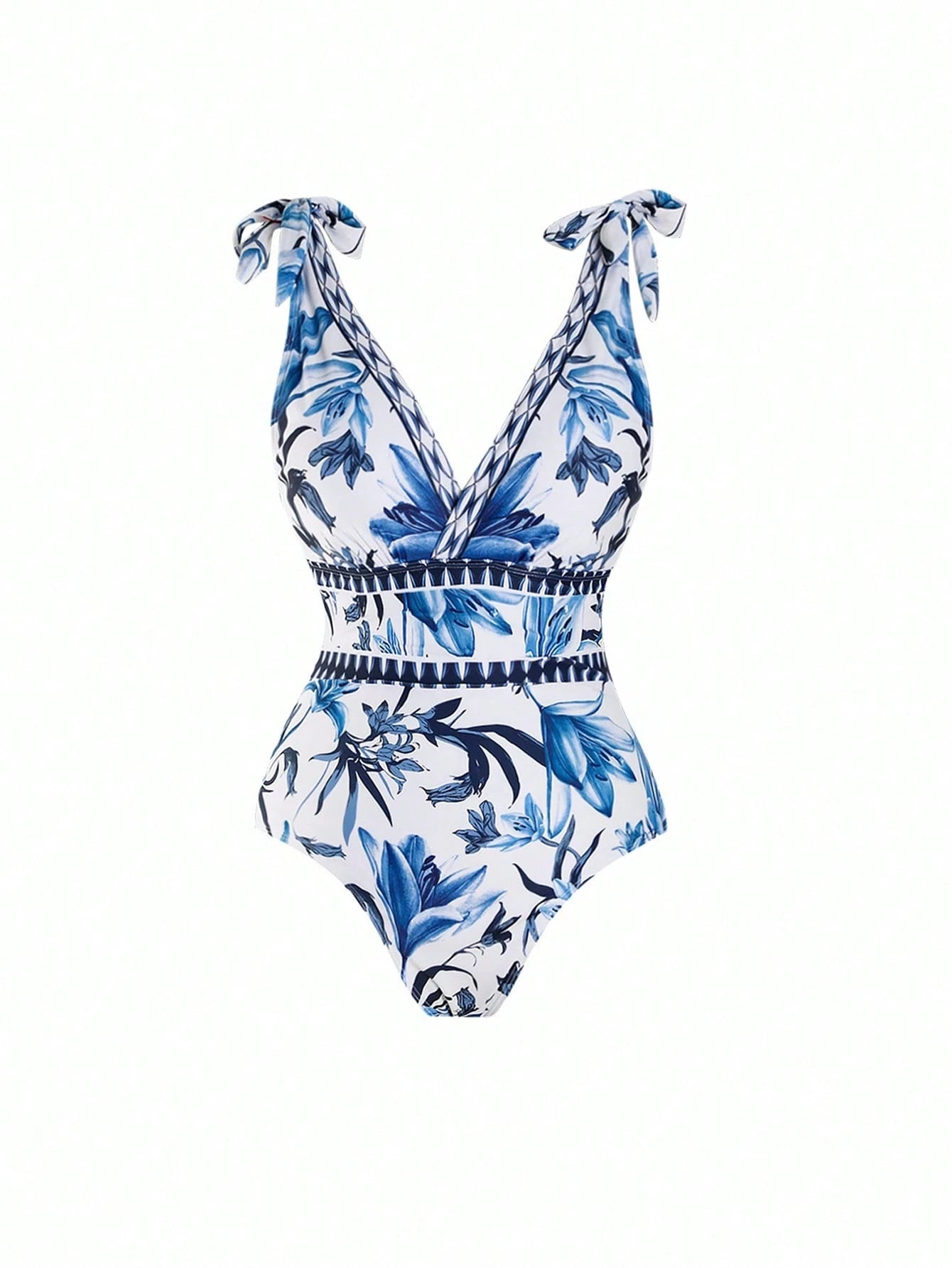 Swim Oasis Plus Size Women 2 Pieces High-End Set:V-Neck One-Piece Swimsuit & Maxi Skirt,Blue Floral Print,Boho Holiday,White Summer Beach Bachelorette Party