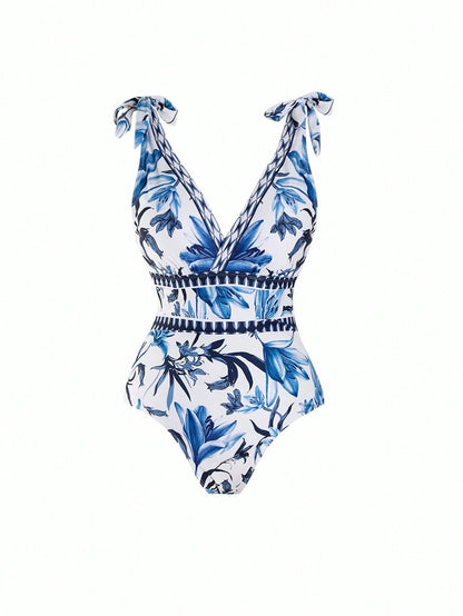 Swim Oasis Plus Size Women 2 Pieces High-End Set:V-Neck One-Piece Swimsuit & Maxi Skirt,Blue Floral Print,Boho Holiday,White Summer Beach Bachelorette Party