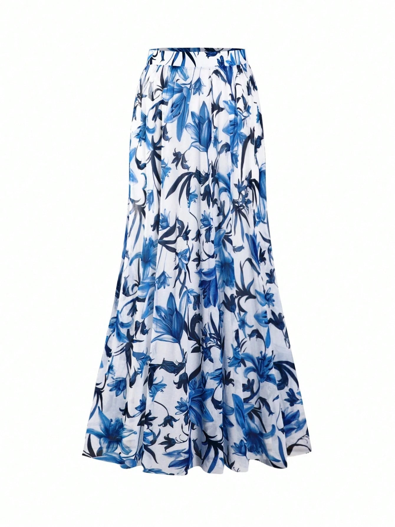 Swim Oasis Plus Size Women 2 Pieces High-End Set:V-Neck One-Piece Swimsuit & Maxi Skirt,Blue Floral Print,Boho Holiday,White Summer Beach Bachelorette Party