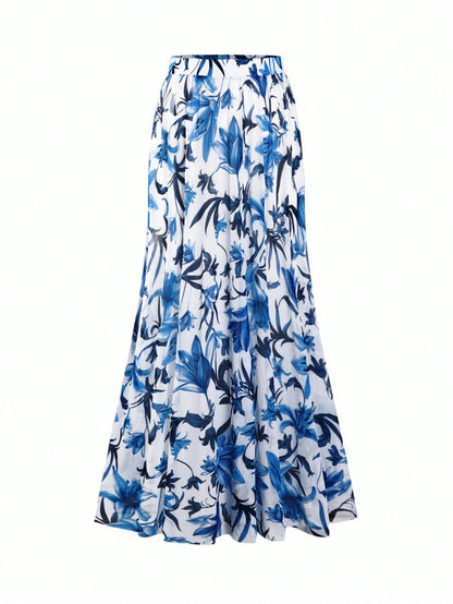 Swim Oasis Plus Size Women 2 Pieces High-End Set:V-Neck One-Piece Swimsuit & Maxi Skirt,Blue Floral Print,Boho Holiday,White Summer Beach Bachelorette Party