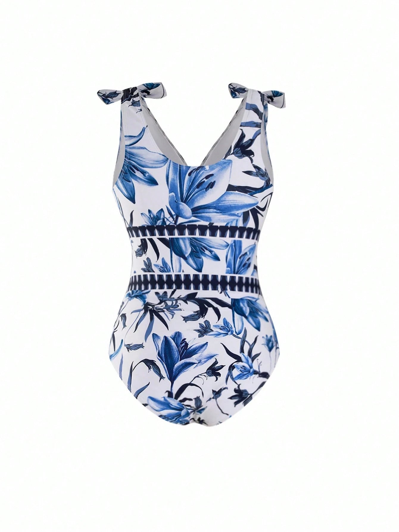 Swim Oasis Plus Size Women 2 Pieces High-End Set:V-Neck One-Piece Swimsuit & Maxi Skirt,Blue Floral Print,Boho Holiday,White Summer Beach Bachelorette Party