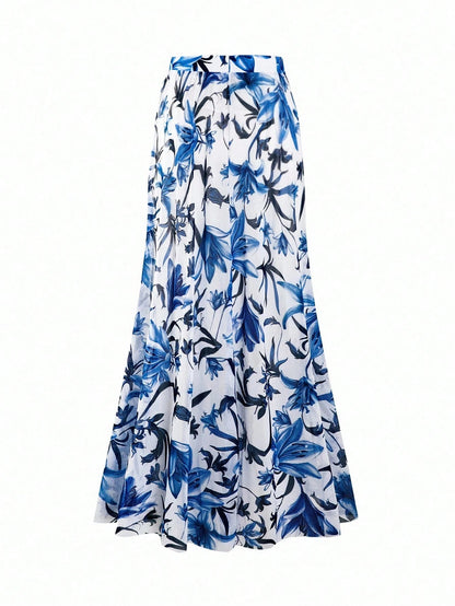 Swim Oasis Plus Size Women 2 Pieces High-End Set:V-Neck One-Piece Swimsuit & Maxi Skirt,Blue Floral Print,Boho Holiday,White Summer Beach Bachelorette Party