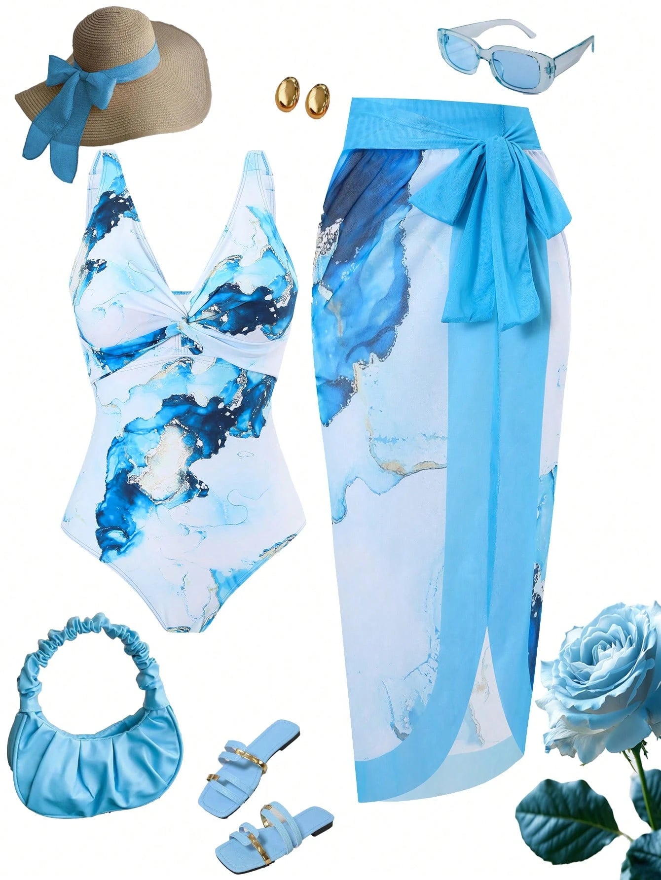 Swim Oasis Plus Size Women 2pcs/Set One-Piece Swimsuit With Random Blue Marble Print, Holiday Beach Cover Up Skirt, Outfit For Summer Vacation