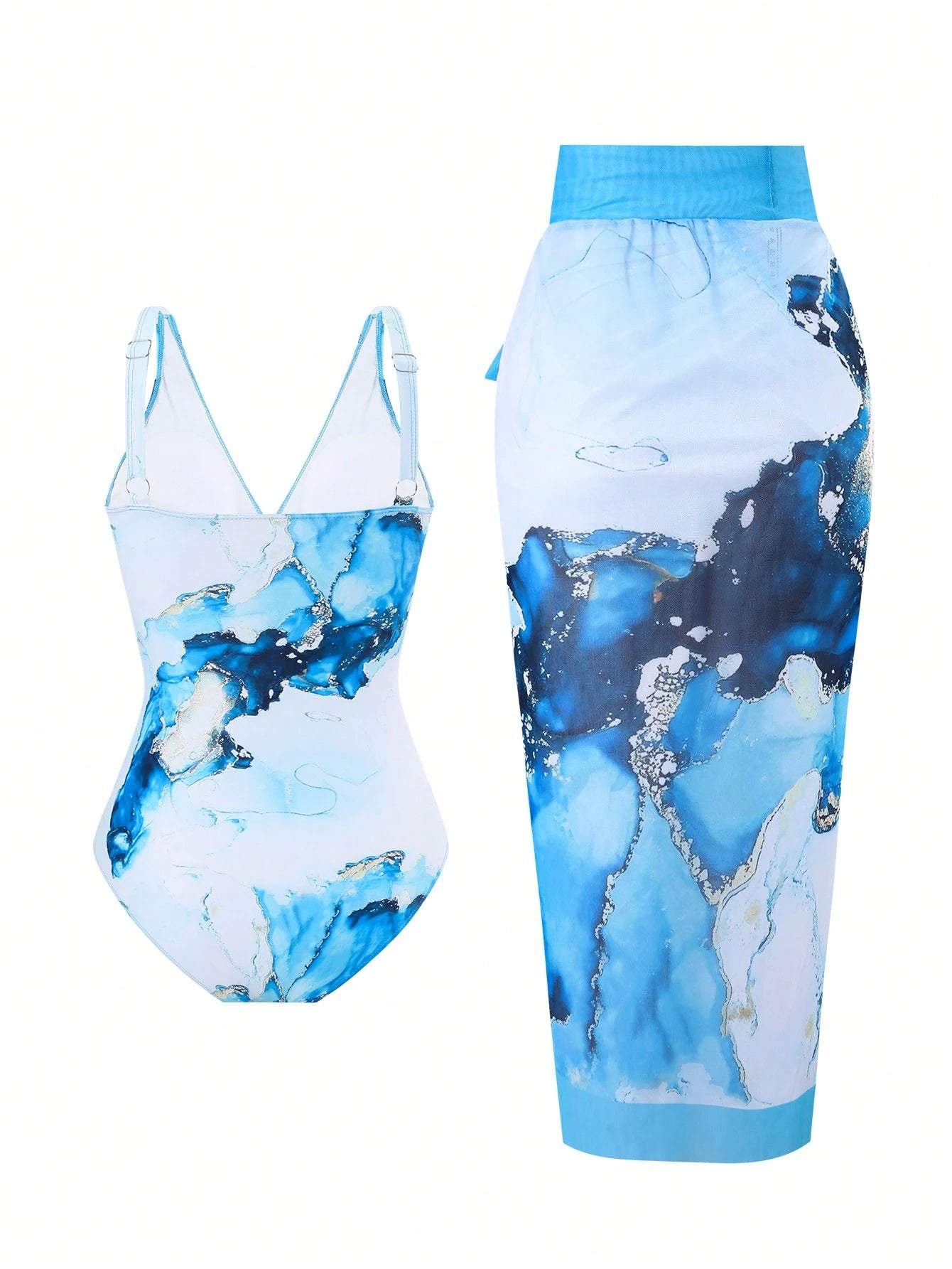 Swim Oasis Plus Size Women 2pcs/Set One-Piece Swimsuit With Random Blue Marble Print, Holiday Beach Cover Up Skirt, Outfit For Summer Vacation