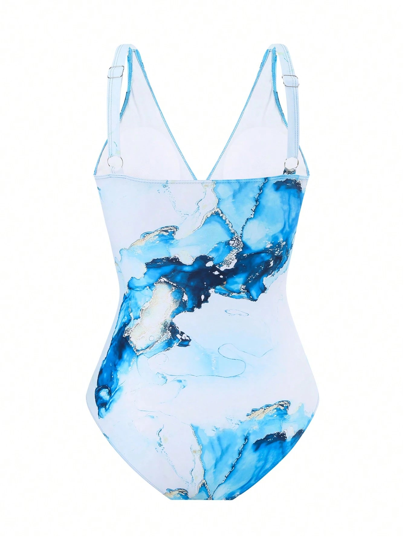 Swim Oasis Plus Size Women 2pcs/Set One-Piece Swimsuit With Random Blue Marble Print, Holiday Beach Cover Up Skirt, Outfit For Summer Vacation