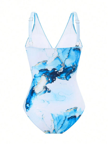 Swim Oasis Plus Size Women 2pcs/Set One-Piece Swimsuit With Random Blue Marble Print, Holiday Beach Cover Up Skirt, Outfit For Summer Vacation