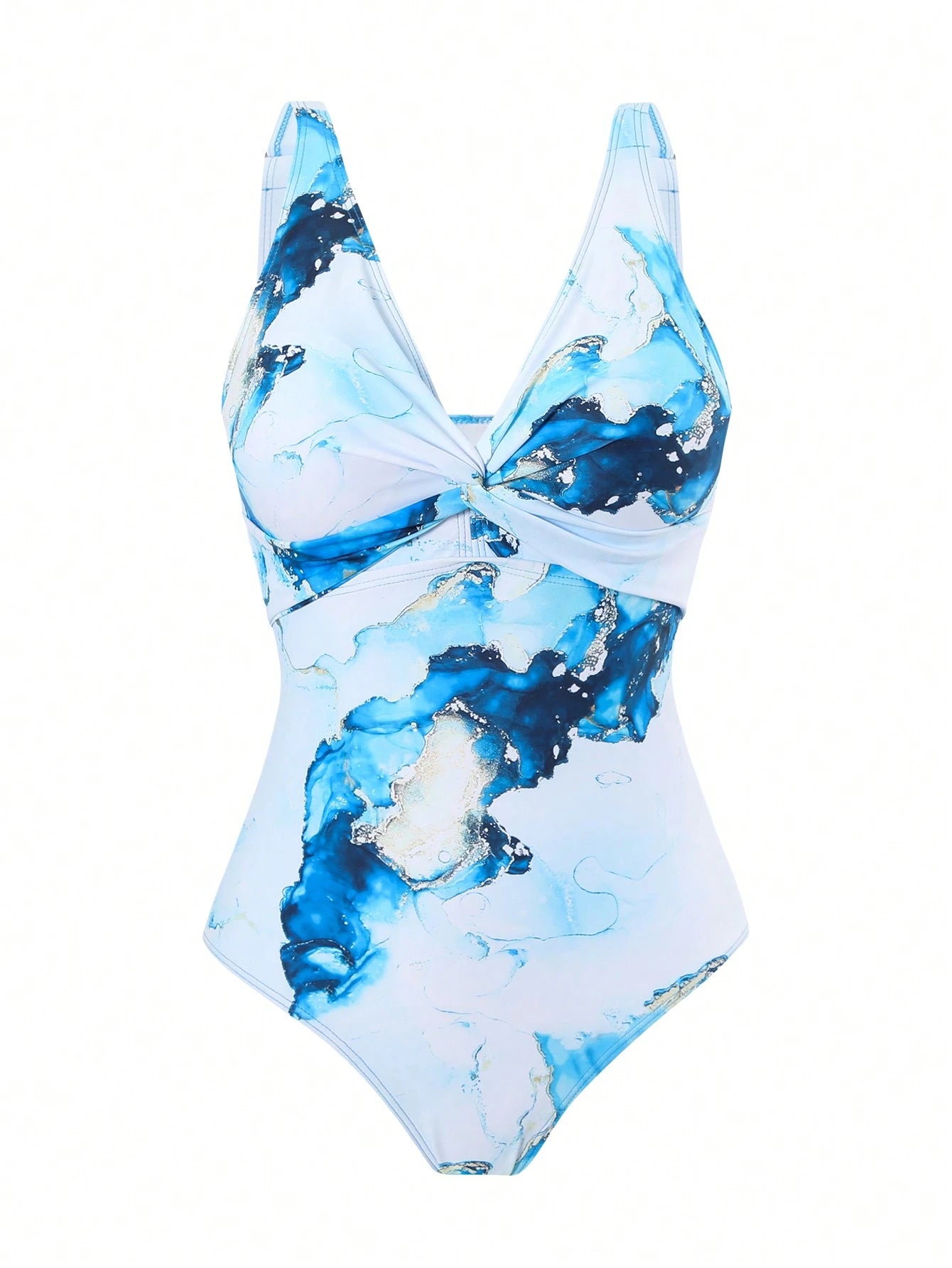 Swim Oasis Plus Size Women 2pcs/Set One-Piece Swimsuit With Random Blue Marble Print, Holiday Beach Cover Up Skirt, Outfit For Summer Vacation
