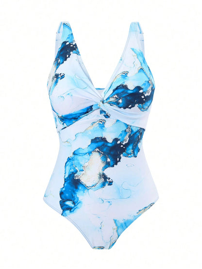 Swim Oasis Plus Size Women 2pcs/Set One-Piece Swimsuit With Random Blue Marble Print, Holiday Beach Cover Up Skirt, Outfit For Summer Vacation