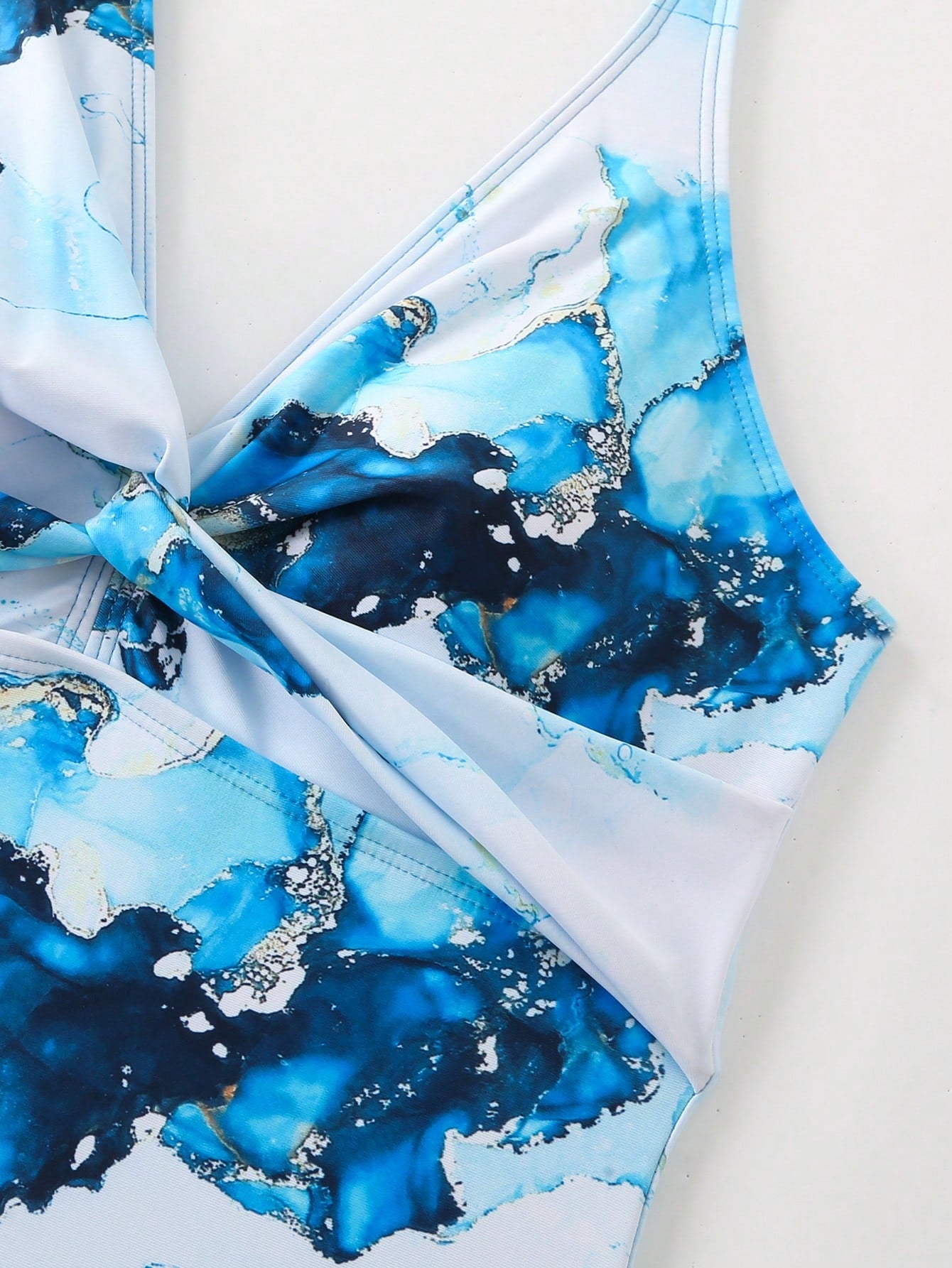 Swim Oasis Plus Size Women 2pcs/Set One-Piece Swimsuit With Random Blue Marble Print, Holiday Beach Cover Up Skirt, Outfit For Summer Vacation