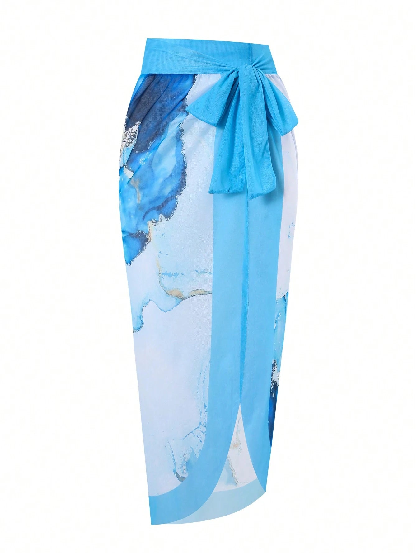 Swim Oasis Plus Size Women 2pcs/Set One-Piece Swimsuit With Random Blue Marble Print, Holiday Beach Cover Up Skirt, Outfit For Summer Vacation