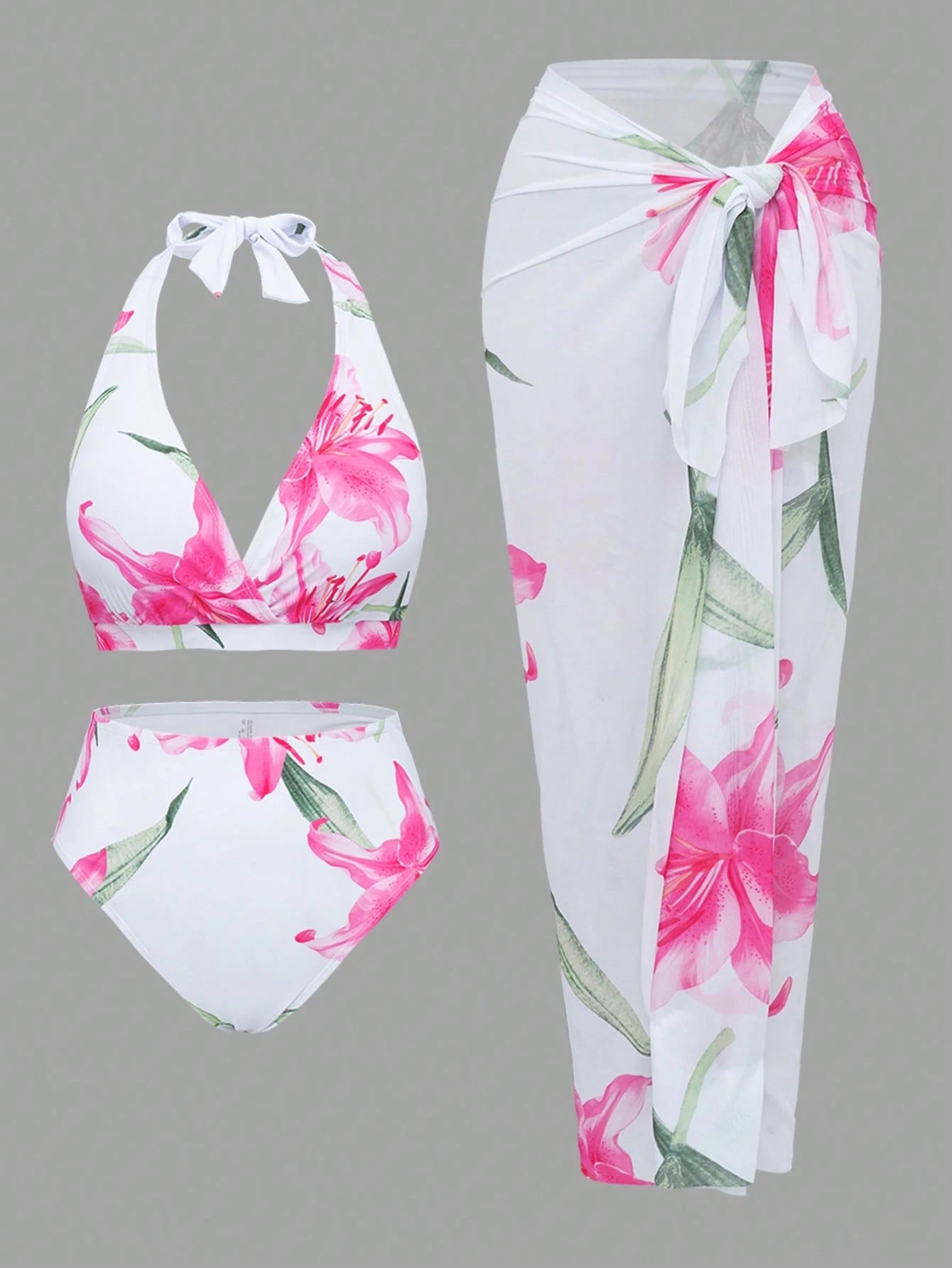 Swim Oasis Plus Size Women 3 PiecesRandom Digital Print Halter Neck Casual Swimming Pool Beach Elegant Swimsuit Set For Summer Beach Vacation