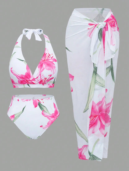 Swim Oasis Plus Size Women 3 PiecesRandom Digital Print Halter Neck Casual Swimming Pool Beach Elegant Swimsuit Set For Summer Beach Vacation