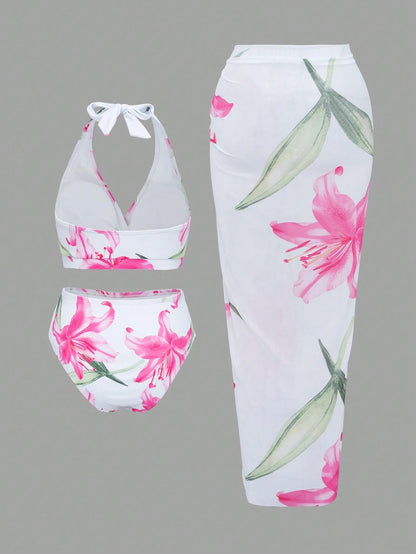 Swim Oasis Plus Size Women 3 PiecesRandom Digital Print Halter Neck Casual Swimming Pool Beach Elegant Swimsuit Set For Summer Beach Vacation
