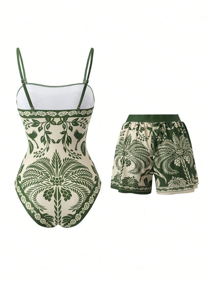 Swim Oasis Plus Size Women Floral Print Camisole One-Piece Swimsuit And Shorts, Suitable For Beach Vacation, Pool Party, Beach Party