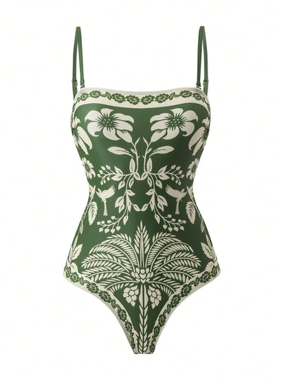 Swim Oasis Plus Size Women Floral Print Camisole One-Piece Swimsuit And Shorts, Suitable For Beach Vacation, Pool Party, Beach Party