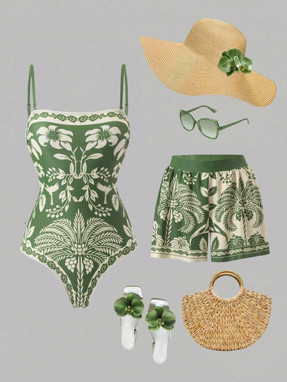 Swim Oasis Plus Size Women Floral Print Camisole One-Piece Swimsuit And Shorts, Suitable For Beach Vacation, Pool Party, Beach Party