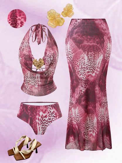 Swim Oasis Plus Size Women Metal Decor Halter Tie Sexy Bikini Set With Loose Crop Top And Mini Skirt, Vacation