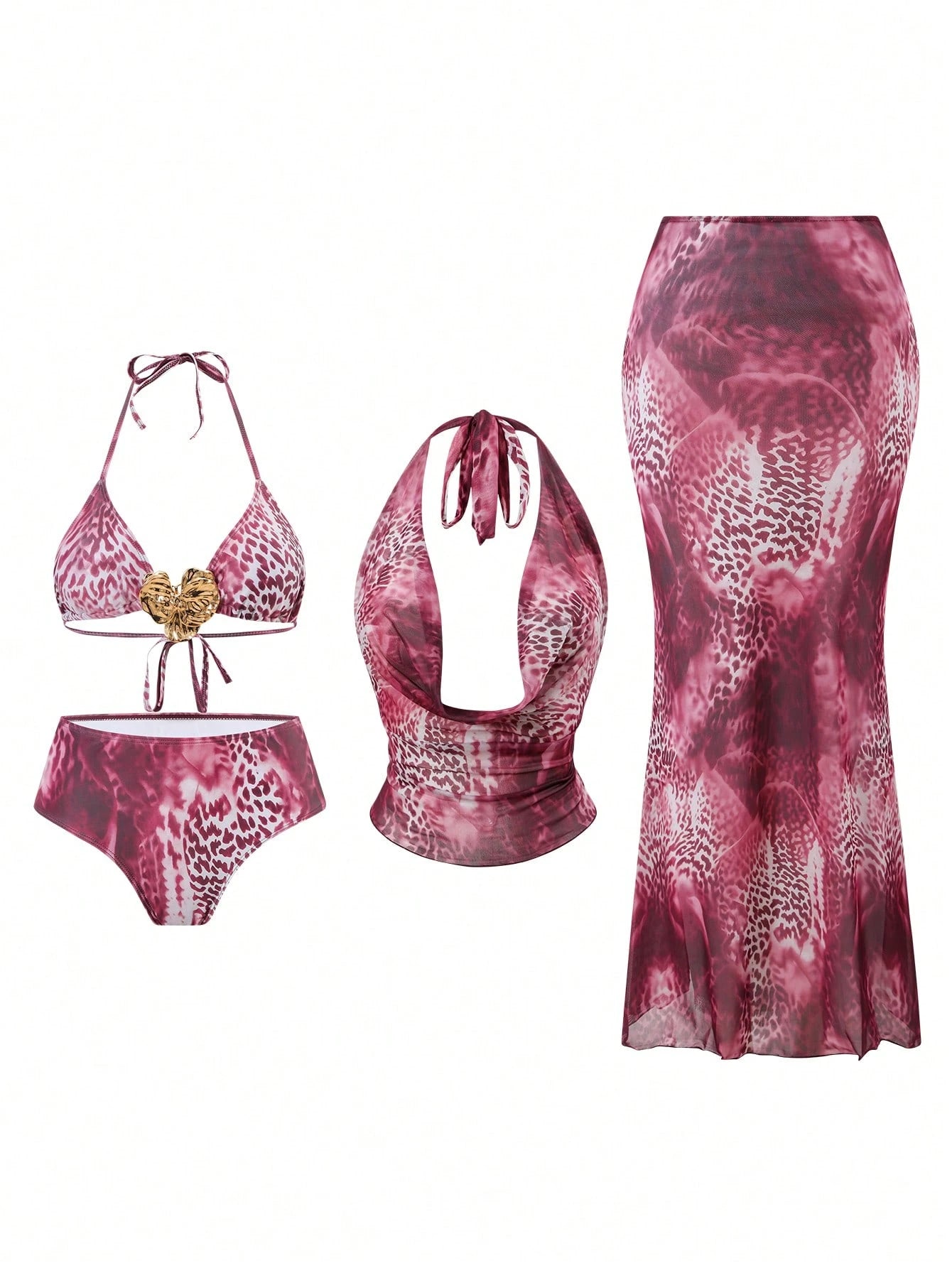Swim Oasis Plus Size Women Metal Decor Halter Tie Sexy Bikini Set With Loose Crop Top And Mini Skirt, Vacation