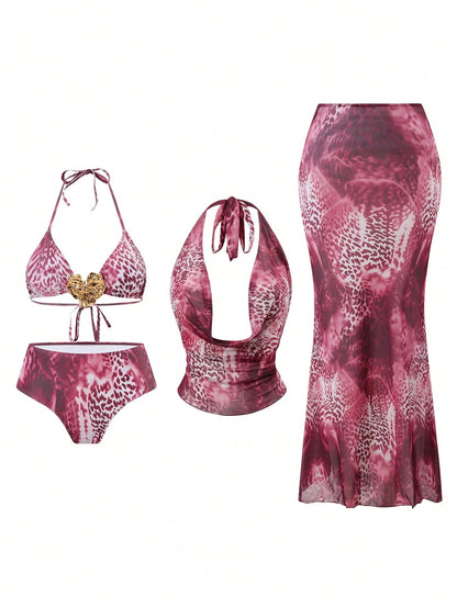 Swim Oasis Plus Size Women Metal Decor Halter Tie Sexy Bikini Set With Loose Crop Top And Mini Skirt, Vacation