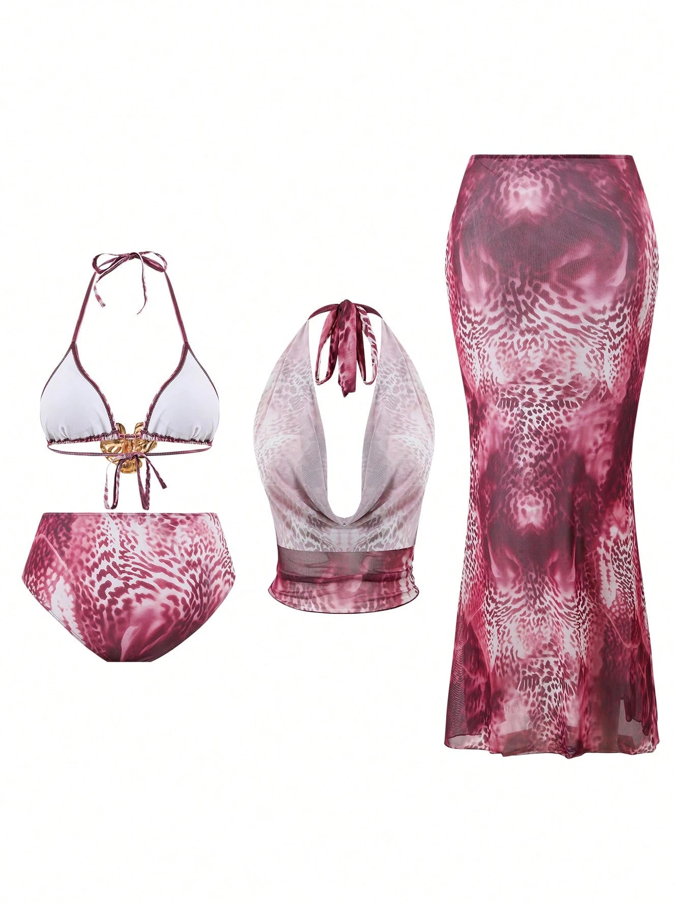 Swim Oasis Plus Size Women Metal Decor Halter Tie Sexy Bikini Set With Loose Crop Top And Mini Skirt, Vacation