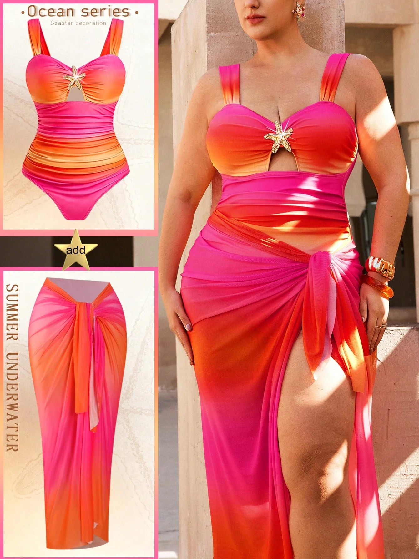 Swim Oasis Plus Size Women Ombre Hollow Out One-Piece Swimsuit With Long Printed Mesh Cover-Up, Suitable For Beach Vacation In Summer