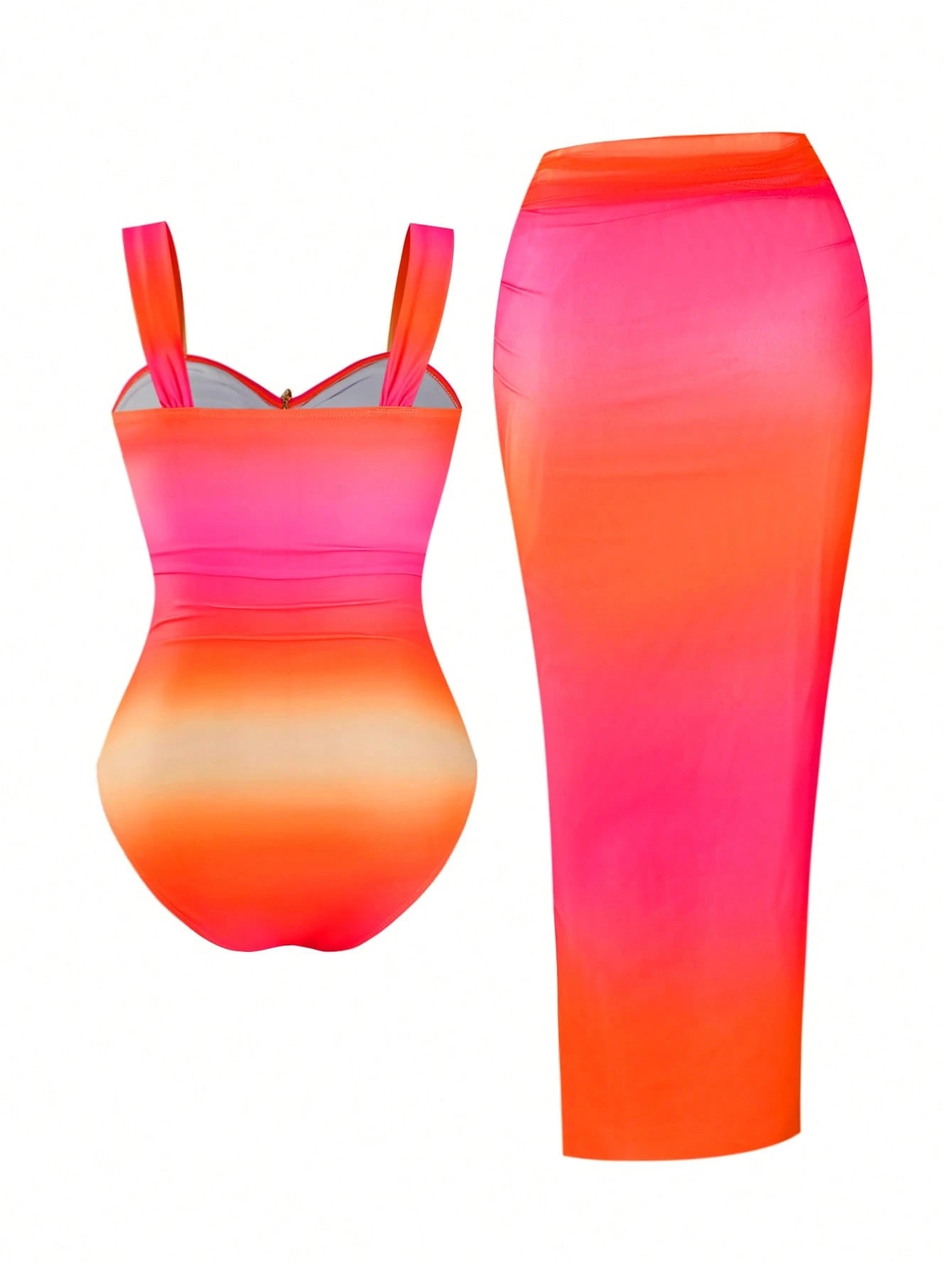 Swim Oasis Plus Size Women Ombre Hollow Out One-Piece Swimsuit With Long Printed Mesh Cover-Up, Suitable For Beach Vacation In Summer